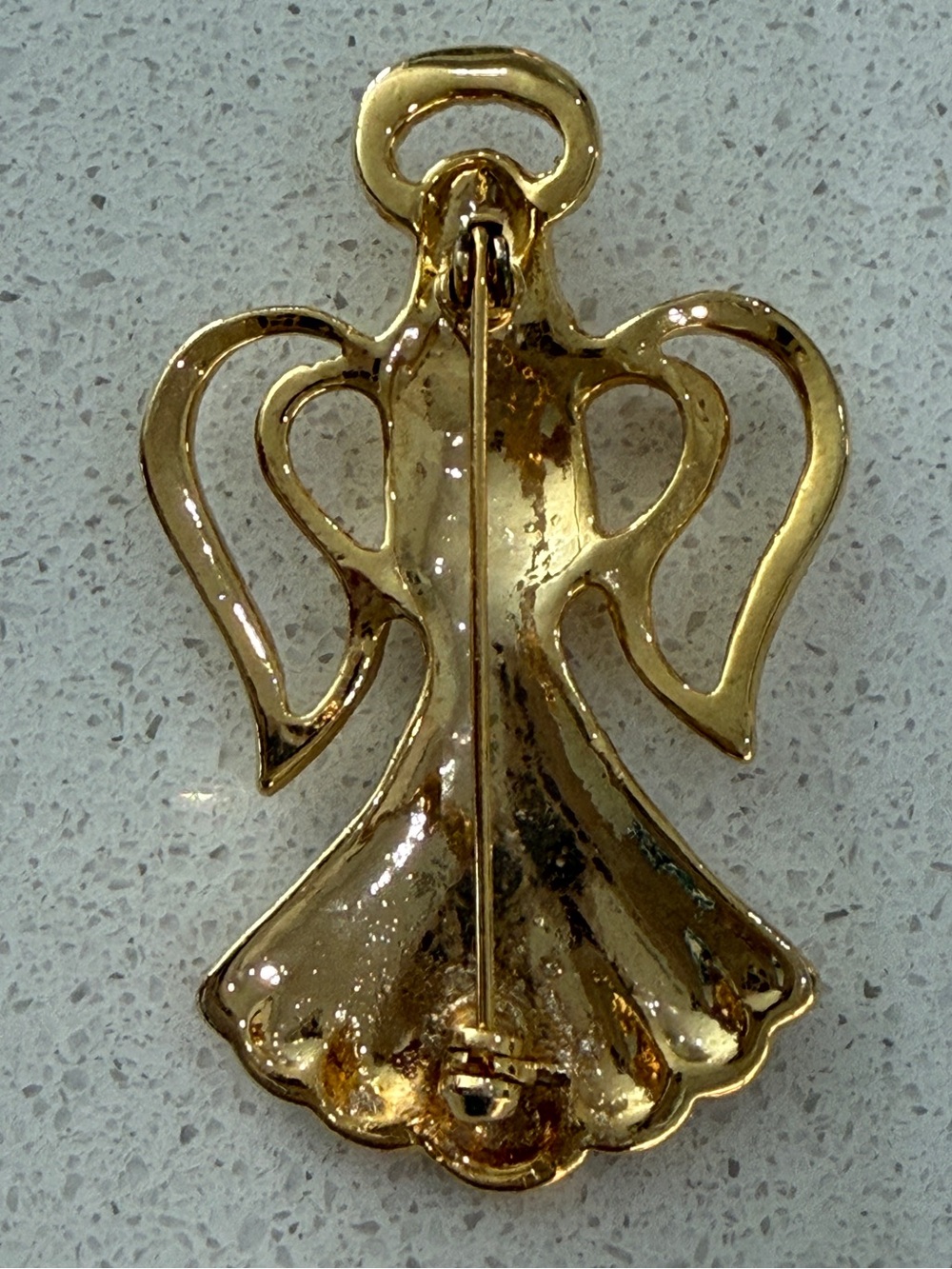 Vintage Gold Tone Angel Brooch Rhinestone Halo Heart Wings - Picture 5 of 5